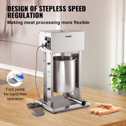 Electric Stuffer, 10L Large Capacity, 200W Vertical Sausage Stuffer with Speed Stepless, 304 Stainless Steel Sausage Machine with 4 Stuffing Tubes, Foot Pedal for Household or Commercial Use