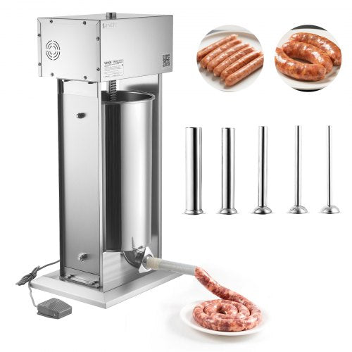 Electric Sausage Stuffer, 55 LBS / 25 L Vertical Meat Stuffer, Stepless Speed Control and Foot Pedal, Stainless Steel Heavy Duty Sausage Filler with 5 Stuffing Tubes, for Commercial & Home Use