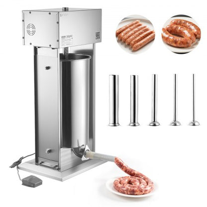 Electric Sausage Stuffer, 55 LBS / 25 L Vertical Meat Stuffer, Stepless Speed Control and Foot Pedal, Stainless Steel Heavy Duty Sausage Filler with 5 Stuffing Tubes, for Commercial & Home Use