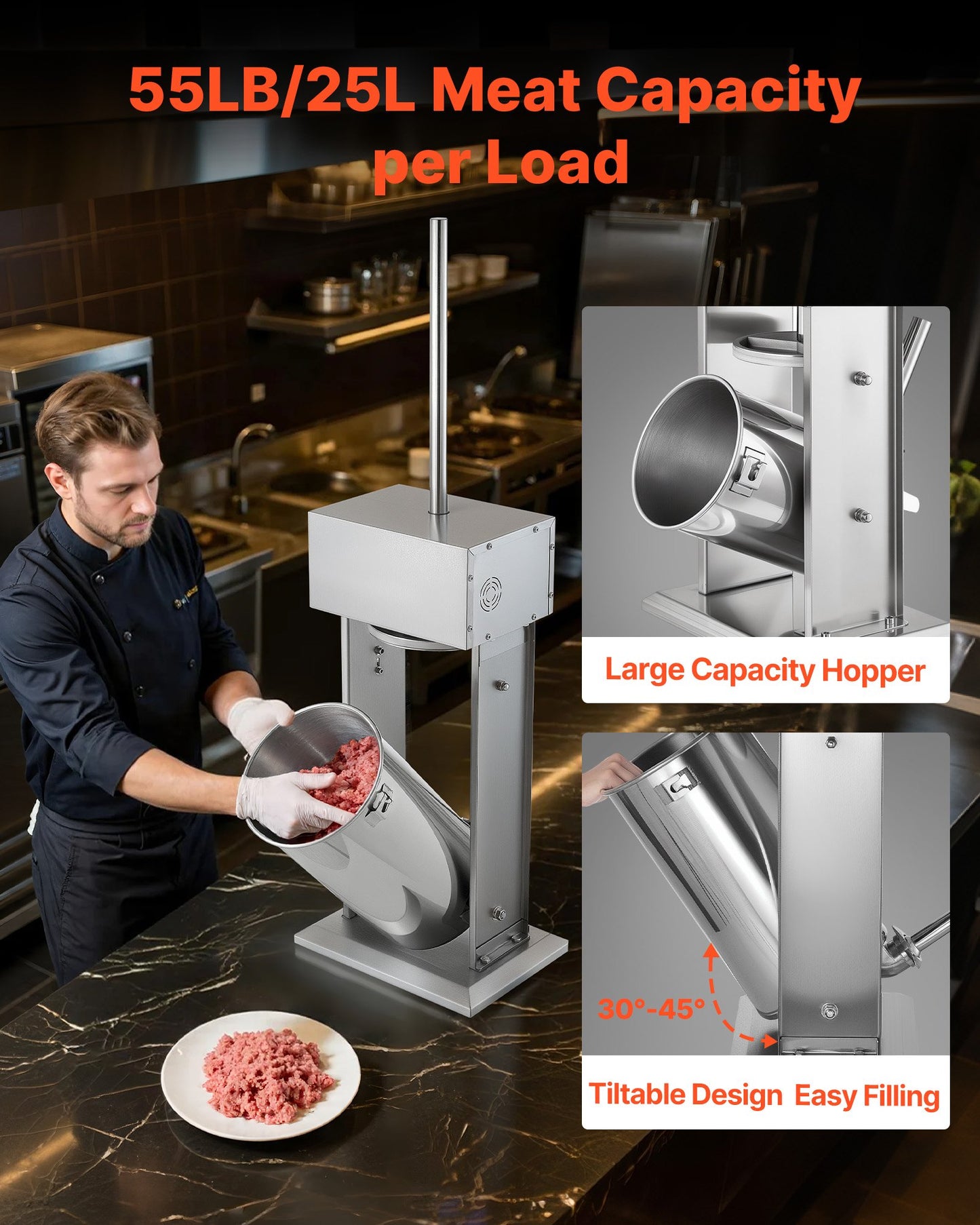 Electric Sausage Stuffer, 55 LBS / 25 L Vertical Meat Stuffer, Stepless Speed Control and Foot Pedal, Stainless Steel Heavy Duty Sausage Filler with 5 Stuffing Tubes, for Commercial & Home Use