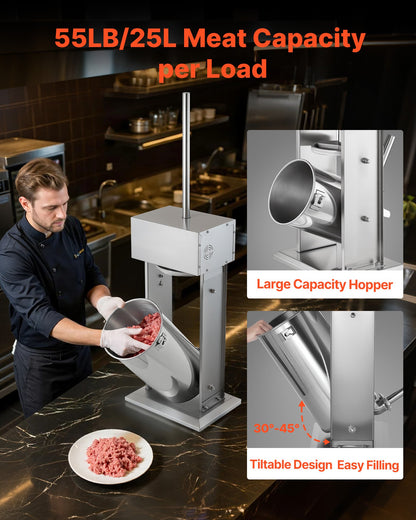 Electric Sausage Stuffer, 55 LBS / 25 L Vertical Meat Stuffer, Stepless Speed Control and Foot Pedal, Stainless Steel Heavy Duty Sausage Filler with 5 Stuffing Tubes, for Commercial & Home Use