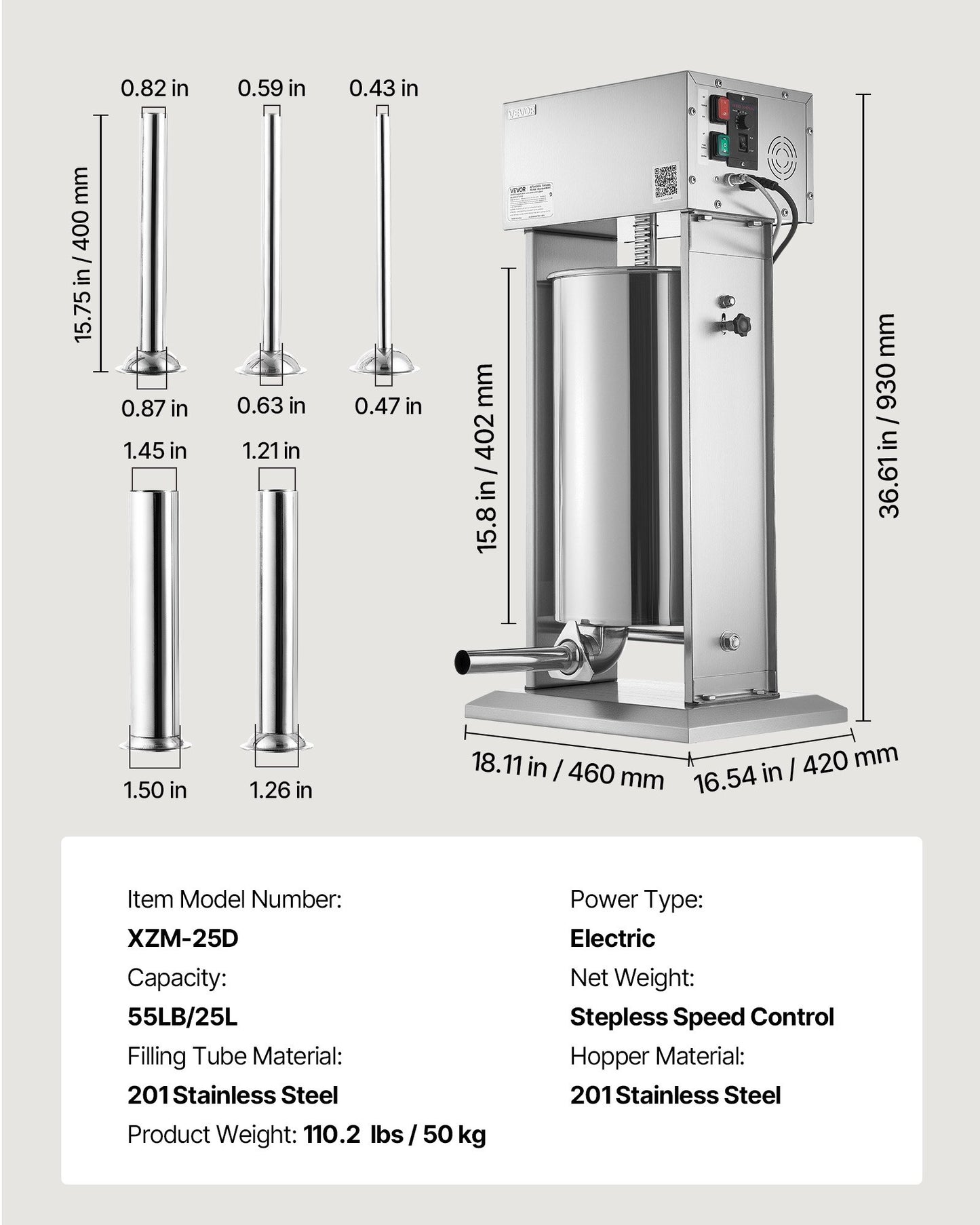 Electric Sausage Stuffer, 55 LBS / 25 L Vertical Meat Stuffer, Stepless Speed Control and Foot Pedal, Stainless Steel Heavy Duty Sausage Filler with 5 Stuffing Tubes, for Commercial & Home Use