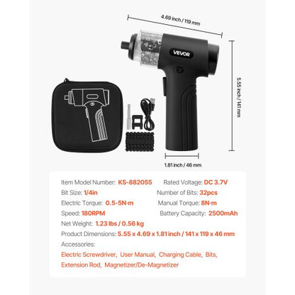 Elektrisk Skruvmejsel, 7 Vridmomentinställningar 0,5-5 Nm, 2500mAh Batteri, Sladdlös Skruvmejselsats med 32 Del 1/4-tums Bits, Digital Display, LED-Lampa, Typ-C Laddning, För Möbelreparationer |  EU