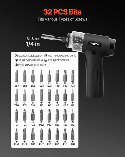 Electric Screwdriver, 7 Torque Settings 0.5-5 N.m, 2500mAh Battery, Cordless Screwdriver Set with 32 PCS 1/4 in Bits, Digital Display, LED Light, Type-C Charging, for Furniture Electrical Repair