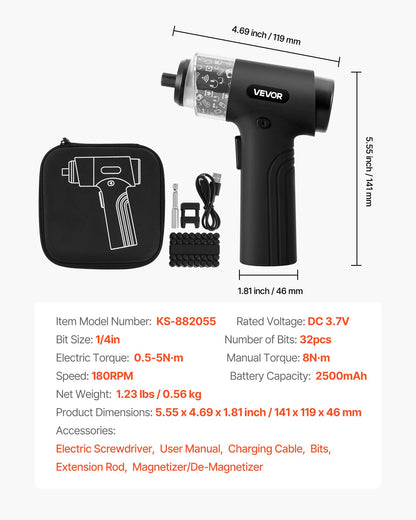 Electric Screwdriver, 7 Torque Settings 0.5-5 N.m, 2500mAh Battery, Cordless Screwdriver Set with 32 PCS 1/4 in Bits, Digital Display, LED Light, Type-C Charging, for Furniture Electrical Repair