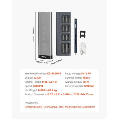 elektrisk precisionsskruvmejselsats, 48 magnetiska bits, mini elektrisk skruvmejsel med magnetisk förvaringslåda, S2-stålbits, LED-lampa, typ-C-laddning, för reparation av telefoner, bärbara datorer och elektronik |  EU