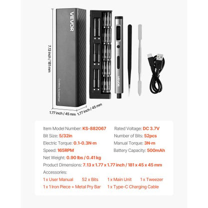 elektrisk precisionsskruvmejselsats, 52 magnetiska bits, mini elektrisk skruvmejsel med magnetisk förvaringslåda, S2-stålbits, LED-lampa, typ-C-laddning, för reparation av telefoner, bärbara datorer och elektronik |  EU