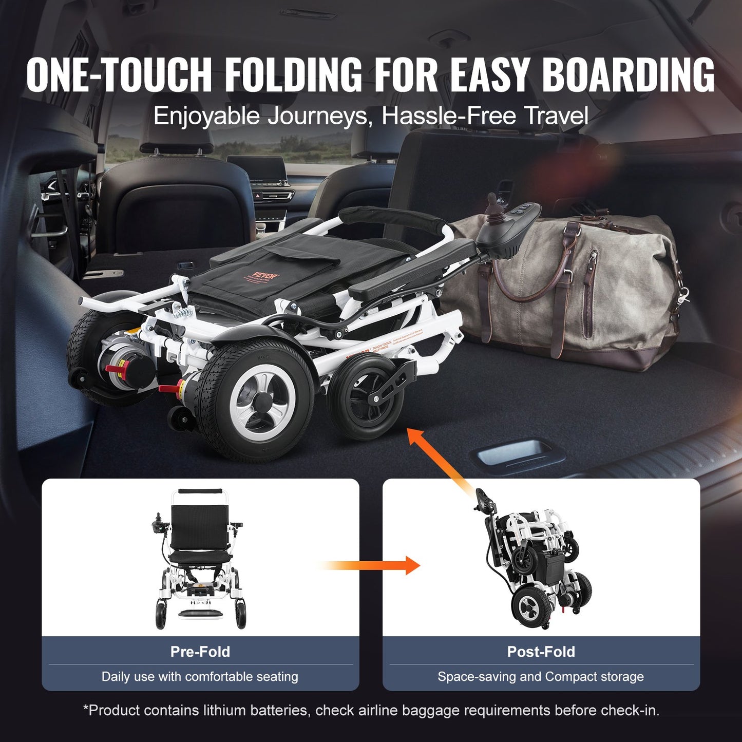 Hopfällbar elektrisk rullstol Motoriserad elrullstol 300 lbs 20 i brett säte