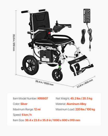 Electric Wheelchair for Adults, 220lbs Capacity, Foldable & Lightweight Motorized Wheelchair, 12-Mile Long Travel Range, All-Terrain Powered Chair, Portable for Seniors & Disabled