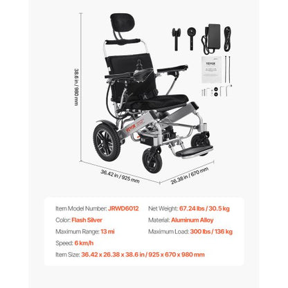 Electric Wheelchair 136kg Adjustable Backrest Foldable Lightweight 21km | EU