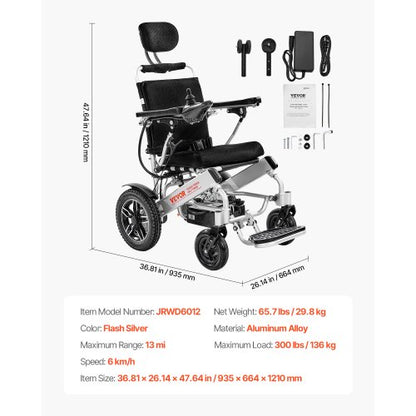 Electric Wheelchair 136 kg Capacity Adjustable Backrest Foldable 21 km