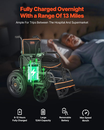 Electric Wheelchair for Adults, 265lbs Capacity, Foldable & Lightweight Motorized Wheelchair, 13-Mile Long Travel Range, All-Terrain Powered Chair, Portable for Seniors & Disabled