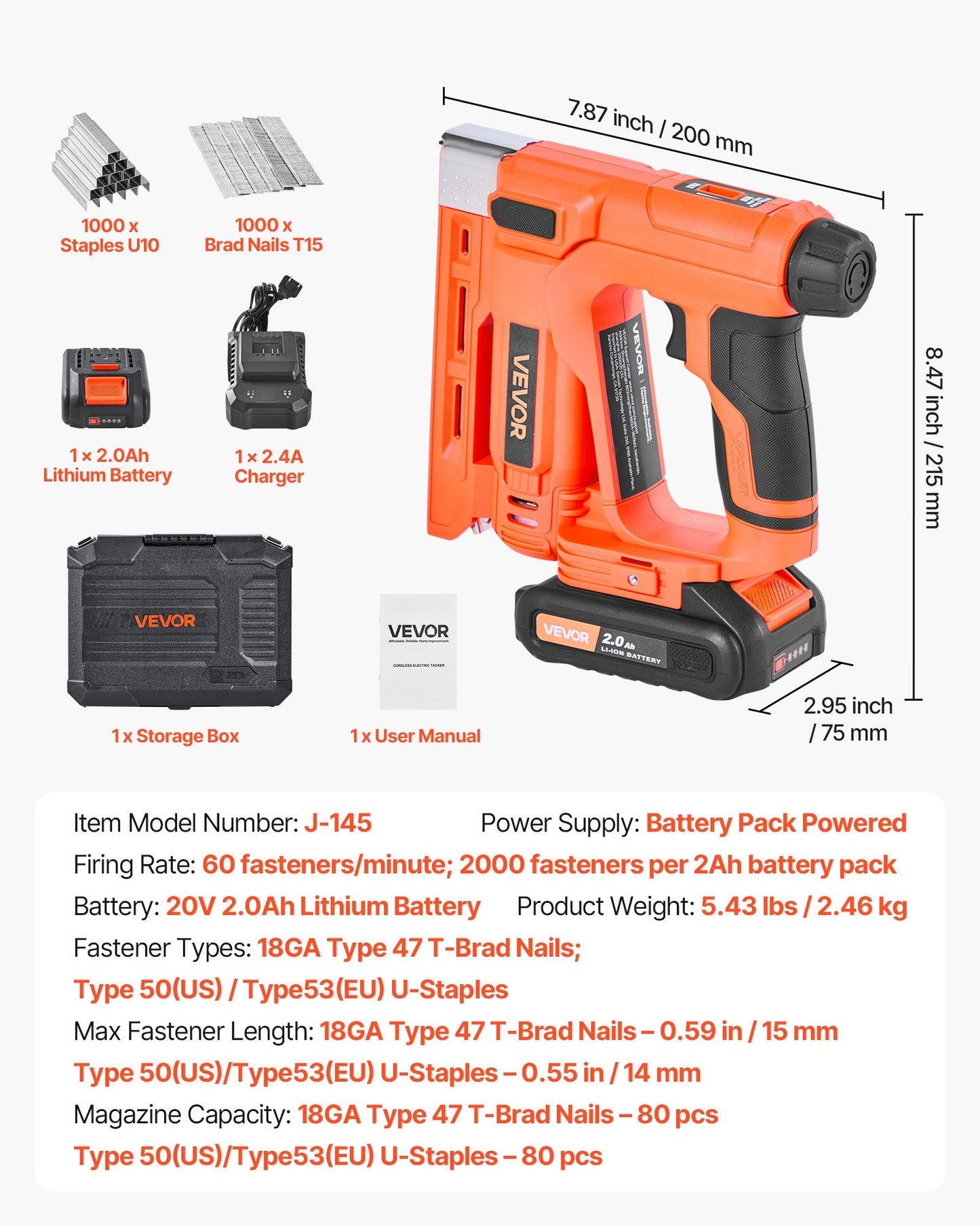 Cordless Brad Nailer, 2-in-1 Nail Gun Staple Gun, 18 Gauge 5/8 inch, Includes 1000 Pcs Staples and 1000 Pcs Nails, with Battery and Charger, Non-Slip Rubber Grip, for Woodworking DIY Projects