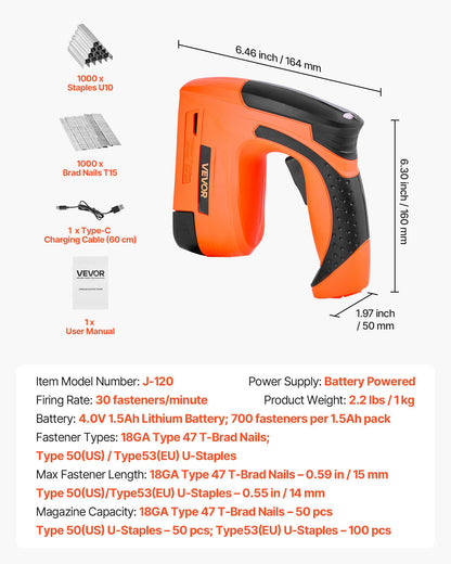 Cordless Brad Nailer, 2-in-1 Nail Gun Staple Gun, 18 Gauge 5/8 inch, Battery Powered, with 1000 Pcs Staples and 1000 Pcs Nails, Non-Slip Rubber Grip, for Woodworking, Carpentry and DIY Projects