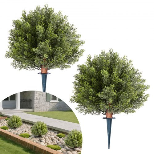 Artificial Topiary Cypress Trees with Ground Spike, 16 inch 2 Set Faux Shrubs & Bushes Potted Plants, Fake Silk Tree Look Real for Decor Front Porch Outdoor Indoor Patio Garden Balcony Backyard
