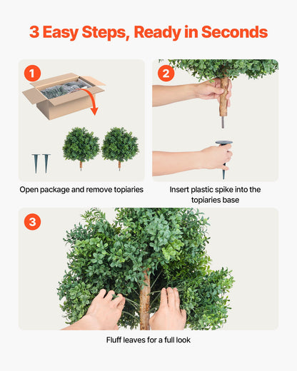 Artificial Topiary Boxwood Trees with Ground Spike, 22 inch 2 Set Faux Shrubs & Bushes Potted Plants, Fake Silk Tree Look Real for Decor Front Porch Outdoor Indoor Patio Garden Balcony Backyard