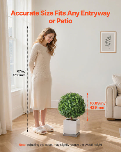 Artificial Topiary Boxwood Trees with Ground Spike, 22 inch 2 Set Faux Shrubs & Bushes Potted Plants, Fake Silk Tree Look Real for Decor Front Porch Outdoor Indoor Patio Garden Balcony Backyard