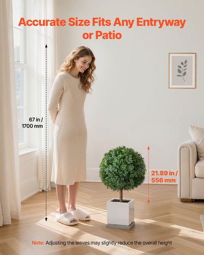 Artificial Topiary Boxwood Trees with Ground Spike, 27 inch 2 Set Faux Shrubs & Bushes Potted Plants, Fake Silk Tree Look Real for Decor Front Porch Outdoor Indoor Patio Garden Balcony Backyard