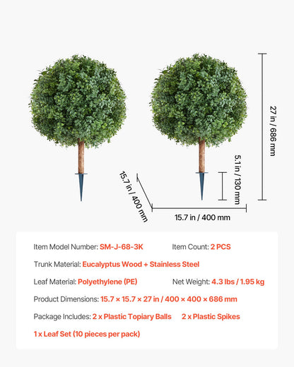 Artificial Topiary Boxwood Trees with Ground Spike, 27 inch 2 Set Faux Shrubs & Bushes Potted Plants, Fake Silk Tree Look Real for Decor Front Porch Outdoor Indoor Patio Garden Balcony Backyard