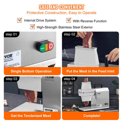 Commercial Meat Tenderizer, Heavy Duty Stainless Steel Kitchen Tool with Handle, Meat Tong, and Cleaning Brush, 450W Electric Meat Tenderizer Machine for Beef, Turkey, Chicken, Pork, and Fish