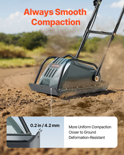 Plate Compactor, 130W Output Electric Ground Rammer, 5 kN Force, 3.9 in Depth, 16 m/min Speed, 3304 sq.ft/h Efficiency, Gas Powered Soil Compaction Machine for Driveway, Pavement, Landscaping