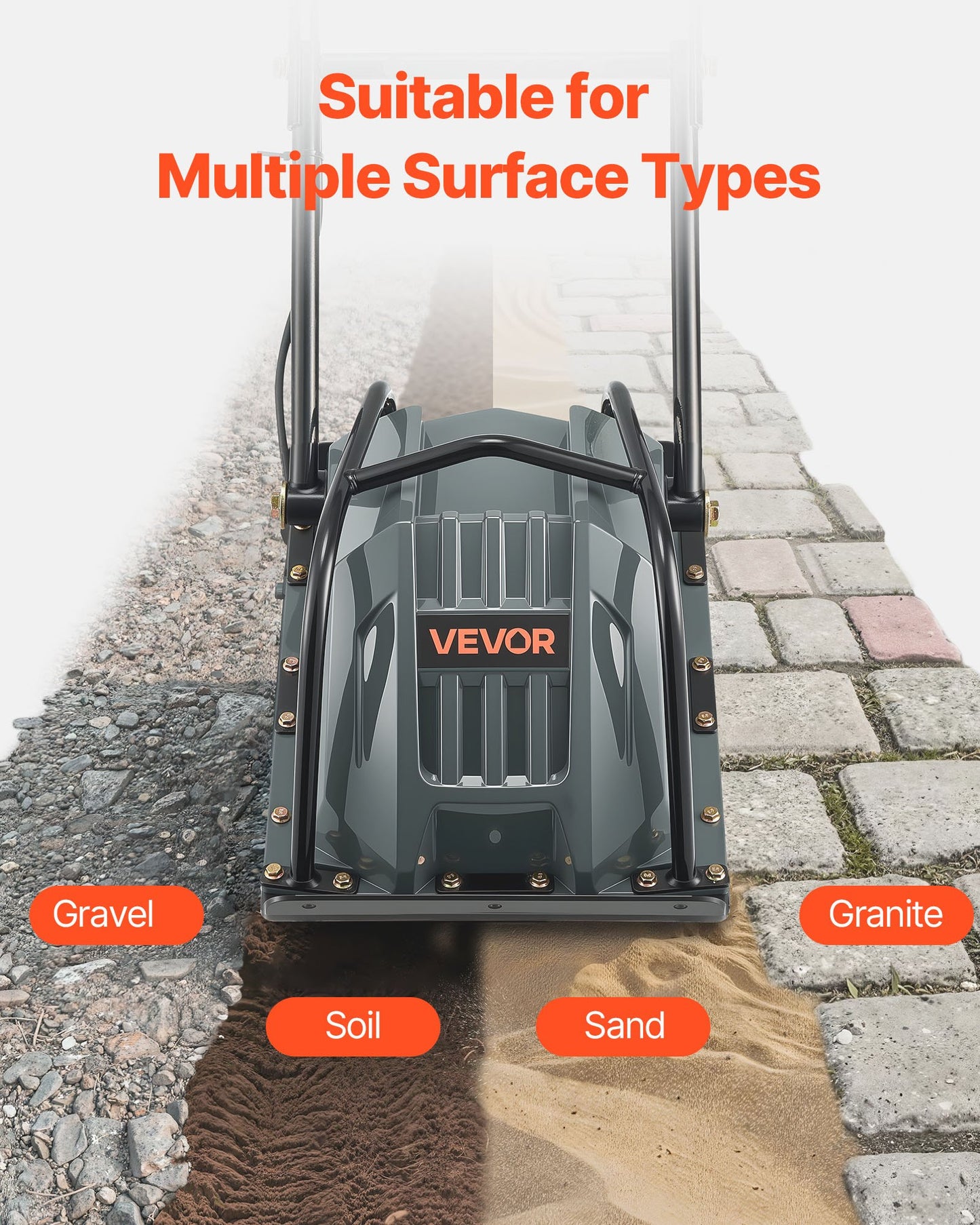 Plate Compactor, 130W Output Electric Ground Rammer, 5 kN Force, 3.9 in Depth, 16 m/min Speed, 3304 sq.ft/h Efficiency, Gas Powered Soil Compaction Machine for Driveway, Pavement, Landscaping