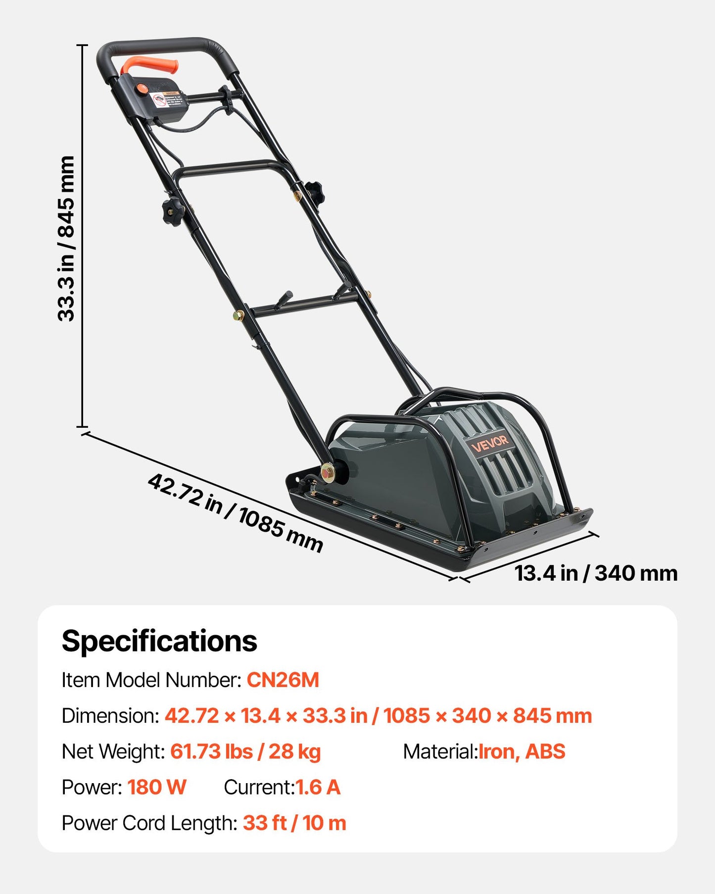 Plate Compactor, 130W Output Electric Ground Rammer, 5 kN Force, 3.9 in Depth, 16 m/min Speed, 3304 sq.ft/h Efficiency, Gas Powered Soil Compaction Machine for Driveway, Pavement, Landscaping