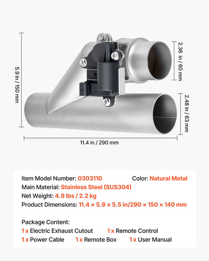 Electric Exhaust Cutout, 2.5 Inch Universal Stainless Steel Exhaust Valve Kit with One Controller Remote Kit, Cut Out Valve, Y Pipe, Remote Control & Box, Fits Trucks, Sedans, Sports Cars, SUVs