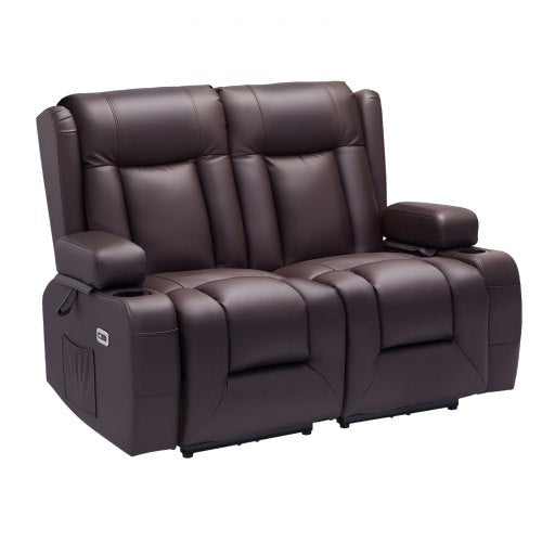 Loveseat Recliner Sofa, Power Reclining Couch with Heating & Massage and Timer, PU Leather Electric Recliner Sofa with USB Ports, Cup Holders and Side Bags, Dual Loveseat Chair for Living Room
