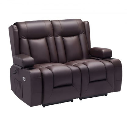 Loveseat Recliner Sofa, Power Reclining Couch with Heating & Massage and Timer, PU Leather Electric Recliner Sofa with USB Ports, Cup Holders and Side Bags, Dual Loveseat Chair for Living Room