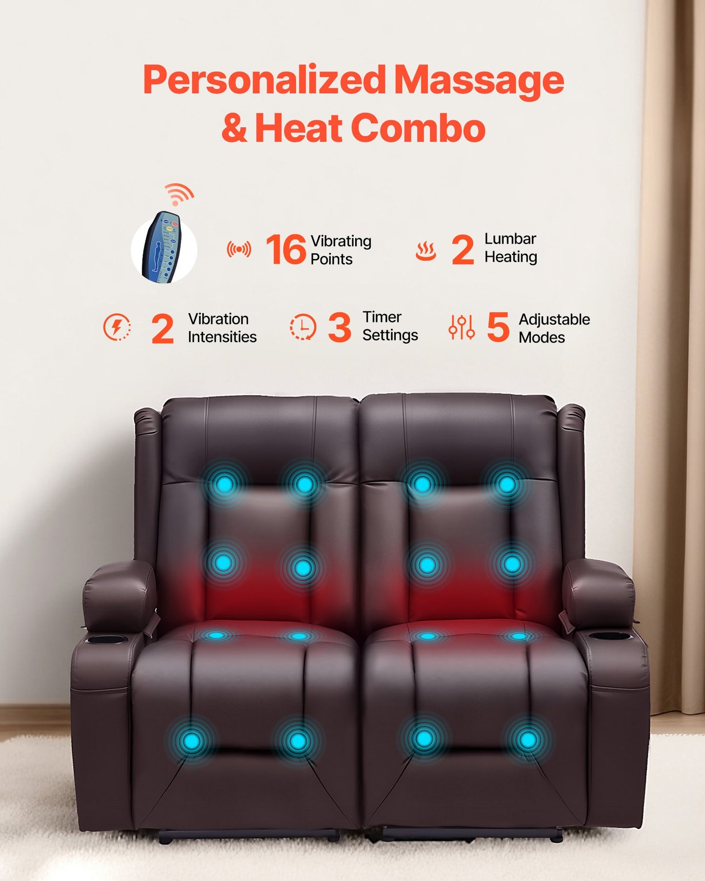Loveseat Recliner Sofa, Power Reclining Couch with Heating & Massage and Timer, PU Leather Electric Recliner Sofa with USB Ports, Cup Holders and Side Bags, Dual Loveseat Chair for Living Room