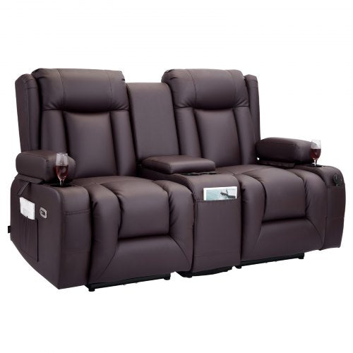 Loveseat Recliner Sofa, Power Reclining Couch with Heating & Massage and Timer, PU Leather Electric Recliner Sofa with Center Console, USB Ports, Cup Holders and Side Bags for Living Room