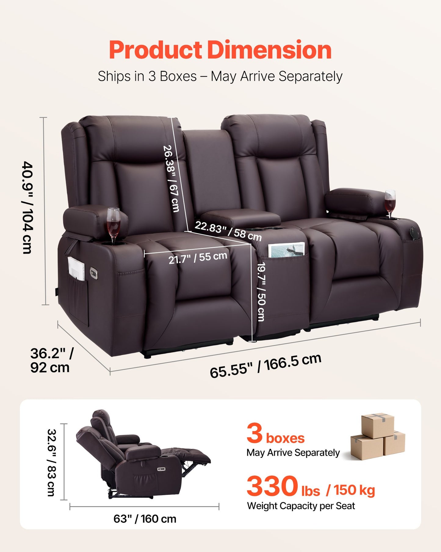 Loveseat Recliner Sofa, Power Reclining Couch with Heating & Massage and Timer, PU Leather Electric Recliner Sofa with Center Console, USB Ports, Cup Holders and Side Bags for Living Room