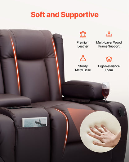 Loveseat Recliner Sofa, Power Reclining Couch with Heating & Massage and Timer, PU Leather Electric Recliner Sofa with Center Console, USB Ports, Cup Holders and Side Bags for Living Room