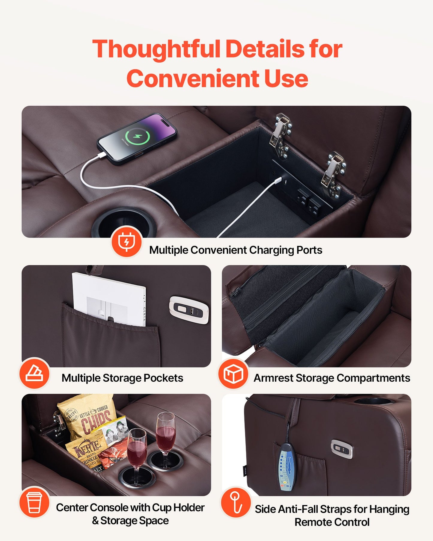 Loveseat Recliner Sofa, Power Reclining Couch with Heating & Massage and Timer, PU Leather Electric Recliner Sofa with Center Console, USB Ports, Cup Holders and Side Bags for Living Room