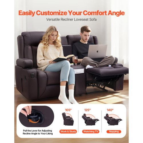 Loveseat-fåtölj, manuellt lutningsbar soffa med mittkonsol, PU-konstlädersoffa med USB-portar, mugghållare och förvaringsväskor, dubbel loveseat-fåtölj för vardagsrum/husbil, brun |  EU