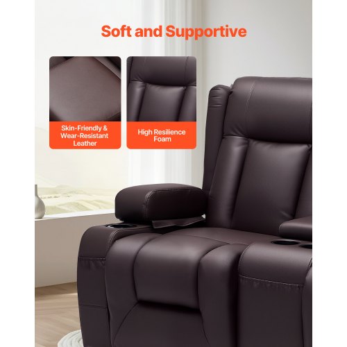 Loveseat-fåtölj, manuellt lutningsbar soffa med mittkonsol, PU-konstlädersoffa med USB-portar, mugghållare och förvaringsväskor, dubbel loveseat-fåtölj för vardagsrum/husbil, brun |  EU
