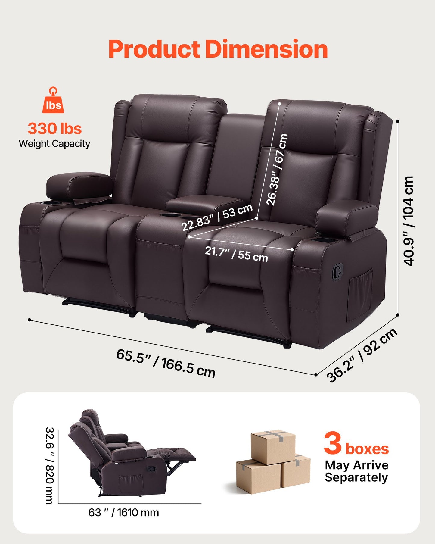 Loveseat Recliner Sofa, Manual Reclining Couch with Center Console, PU Faux Leather Recliner Sofa with USB Ports, Cup Holders and Storage Bags, Dual Loveseat Chair for Living Room/RV, Brown