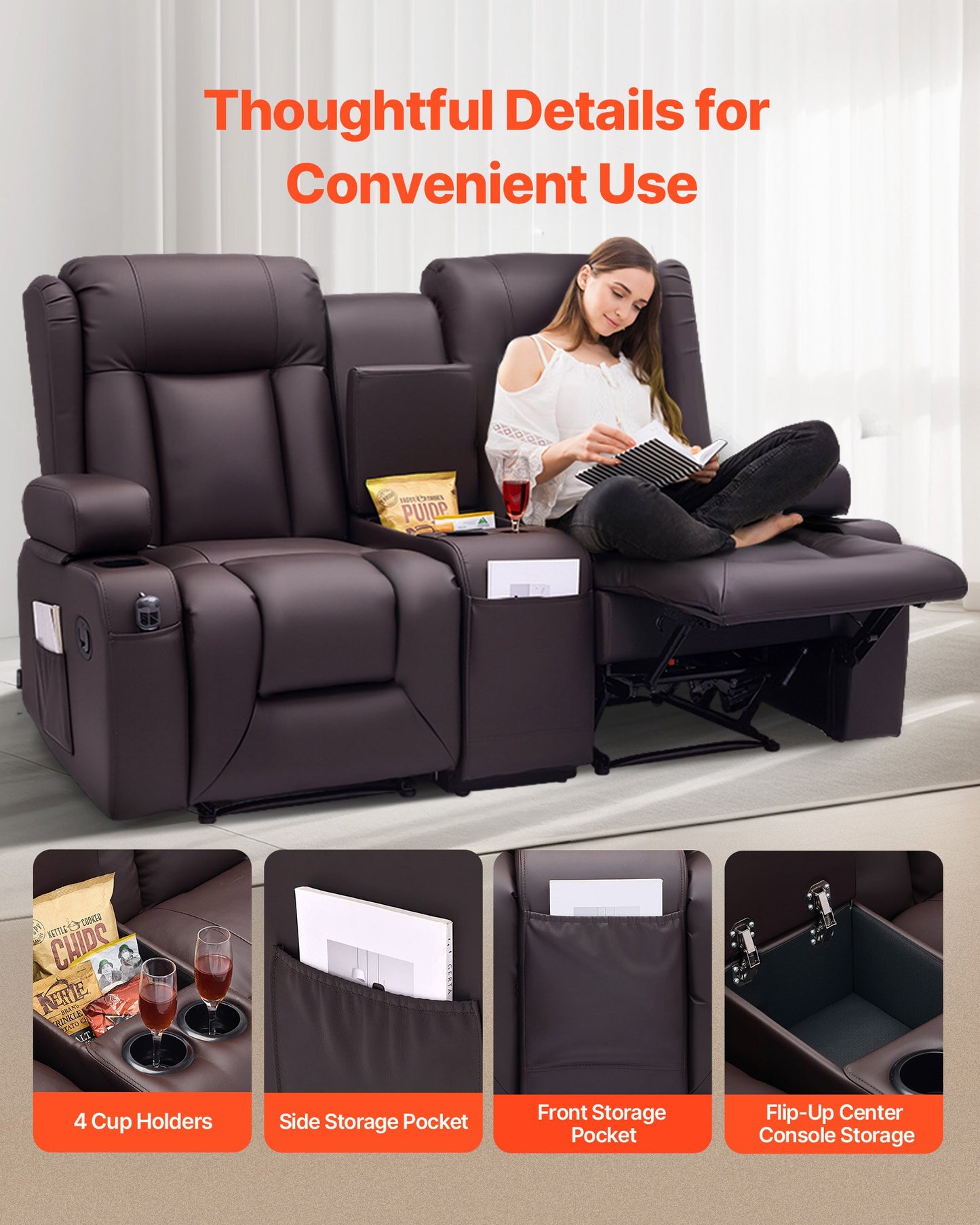 Loveseat Recliner Sofa, Manual Reclining Couch with Center Console, PU Faux Leather Recliner Sofa with USB Ports, Cup Holders and Storage Bags, Dual Loveseat Chair for Living Room/RV, Brown