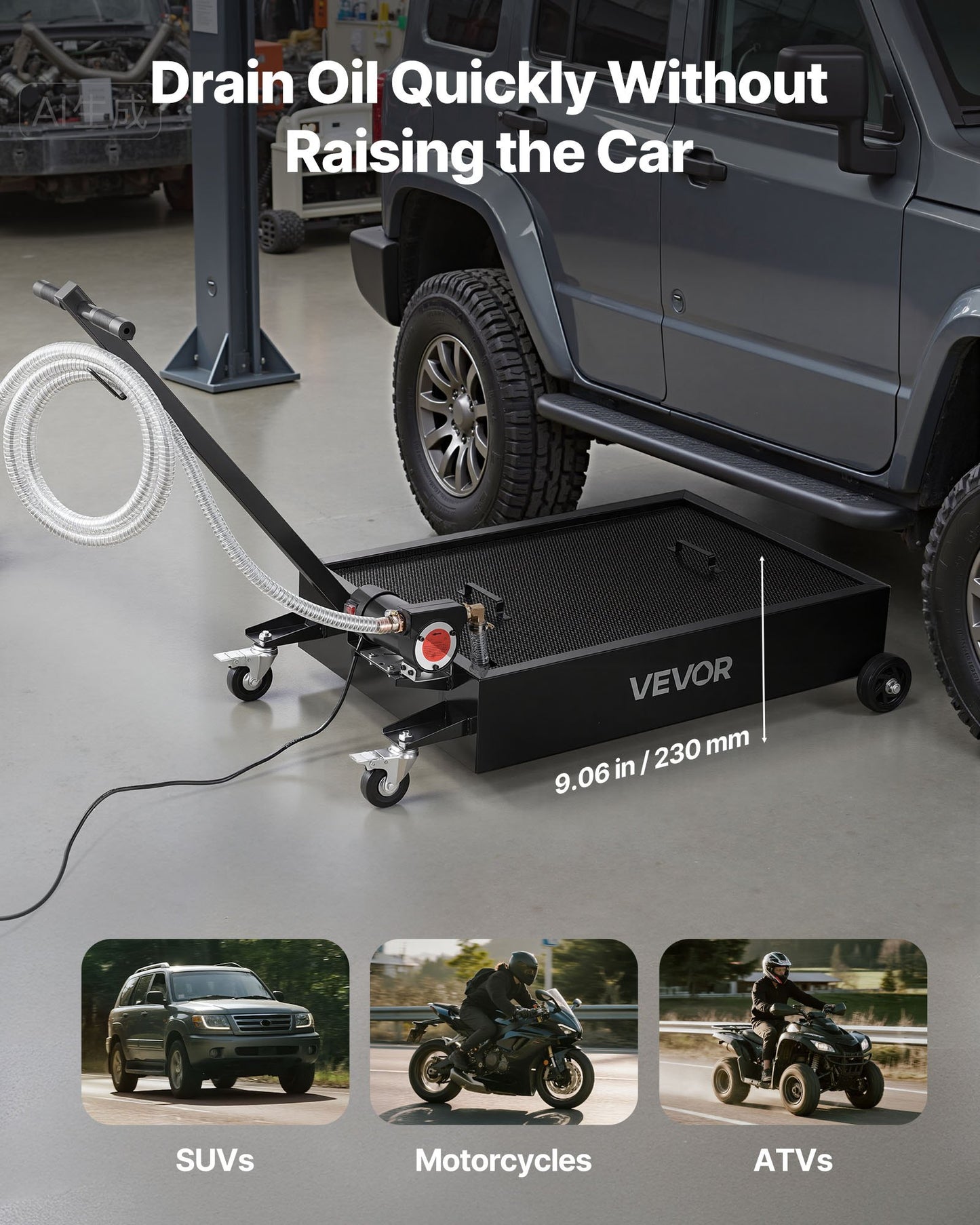 Low Profile Oil Drain Pan, 15 Gallon Capacity, Rolling Oil Drain Pan with Electric Pump & 7.2 ft Hose, Leak-proof & Corrosion-resistant, Fit for Cars, SUVs, Trucks, Motorcycles, ATVs, Metal