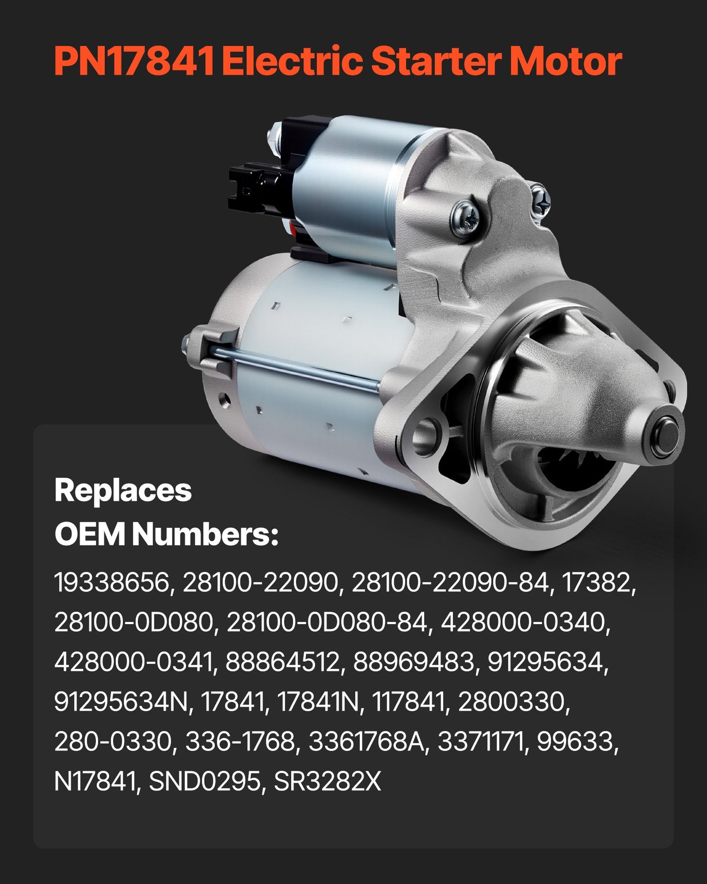 Starter 17841, Starter Motor Replacement Compatible with Pontiac Vibe L4 1.8L 2003-2008, Toyota Corolla/Matrix L4 1.8L 2003-2008, OEM 19338656 28100-22090 88864512 2800330 N17841 SND0295 SR3282X