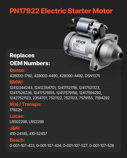 Starter 17922, Starter Motor Replacement Compatible with BMW 1 Series M 3.0L L6 2011, 128i 3.0L L6 2008-2011, 325i/325xi 3.0L L6 2006, 335xi 3.0L L6 2007-2008, OEM 428000-1760 410-24145 LRS02298