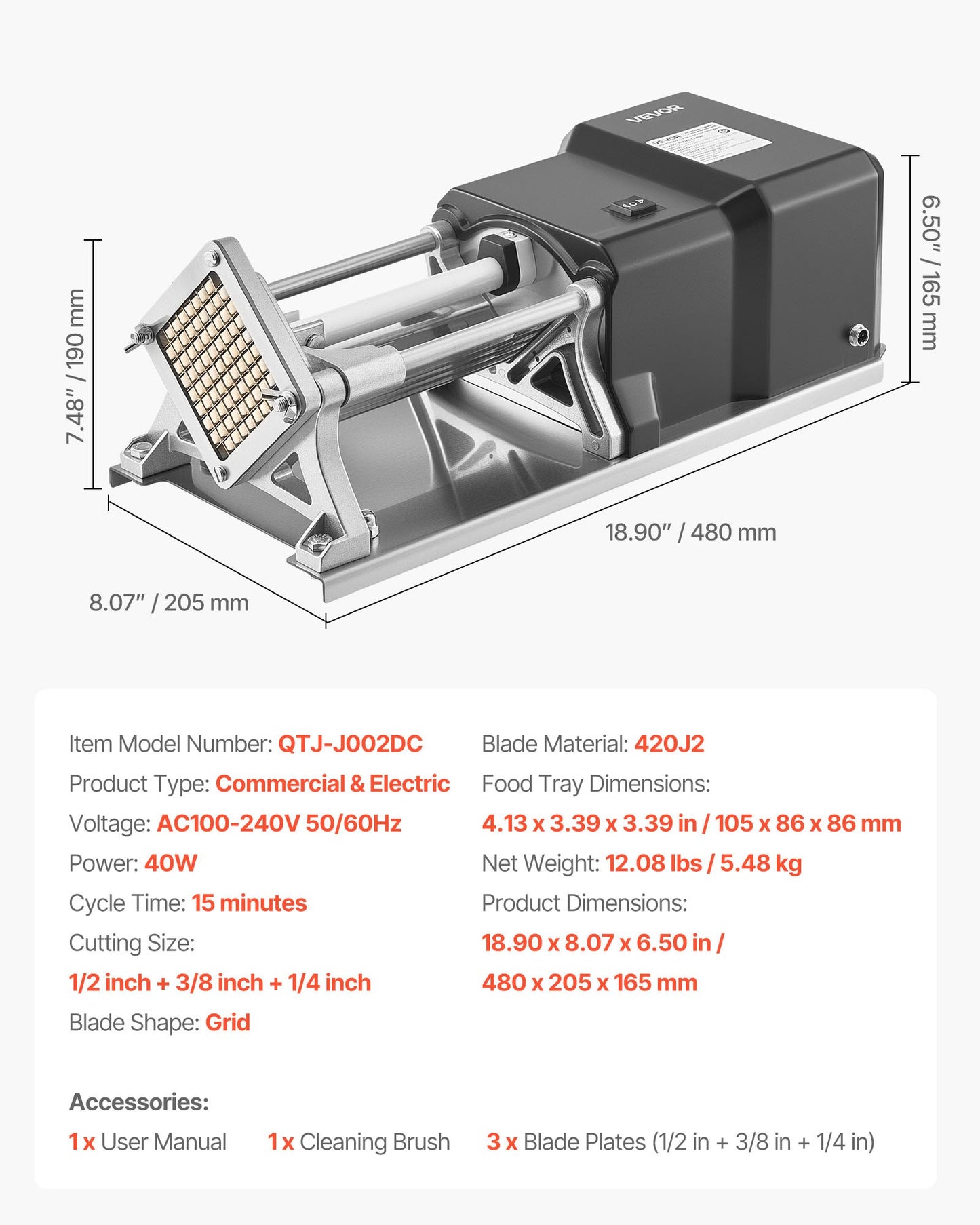 Commercial French Fry Cutter, Stainless Steel Vegetable Fruit Chopper with 3 Replacement Blades 1/2-Inch 3/8-Inch 1/4-Inch, Electric Potato Slicer Dicer for Restaurants & Home Kitchen