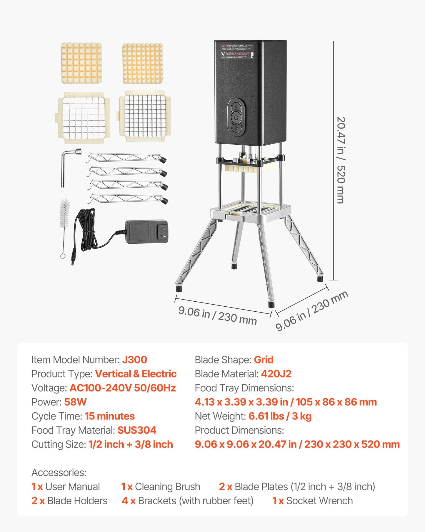 Commercial French Fry Cutter, Stainless Steel Vegetable Fruit Chopper with 2 Replacement Blades 1/2-Inch 3/8-Inch, Electric Potato Slicer Dicer for Restaurants & Home Kitchen