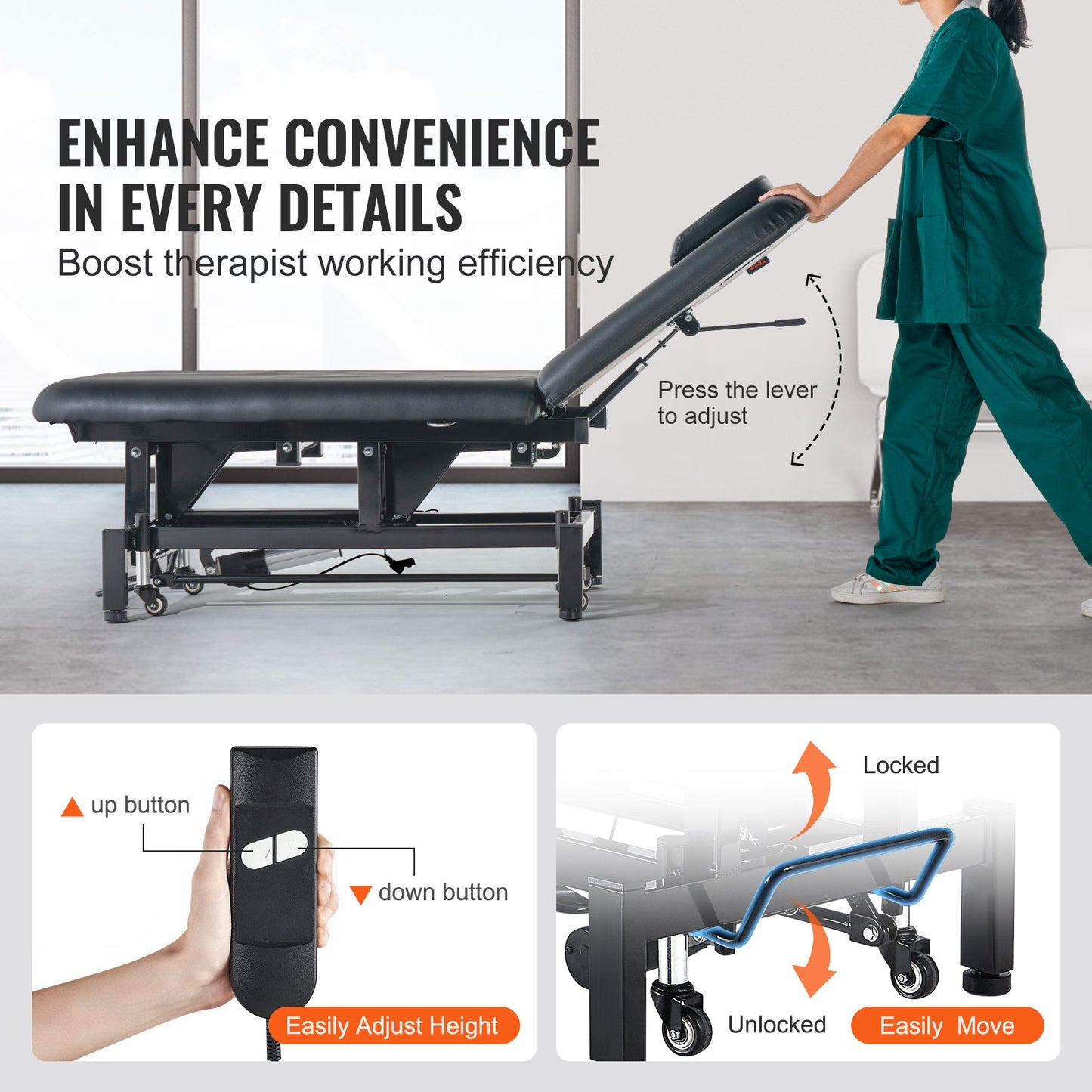 Elektrisk massagebänk Höjdjusterbar med 0-45° justerbart ryggstöd