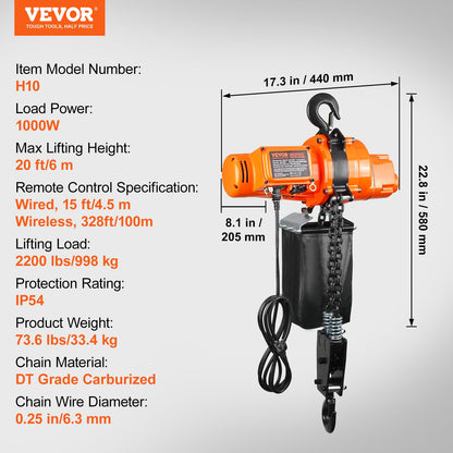 Electric Chain Hoist Single Phase Crane Hoist 2200 lbs Load 20 Feet Lift