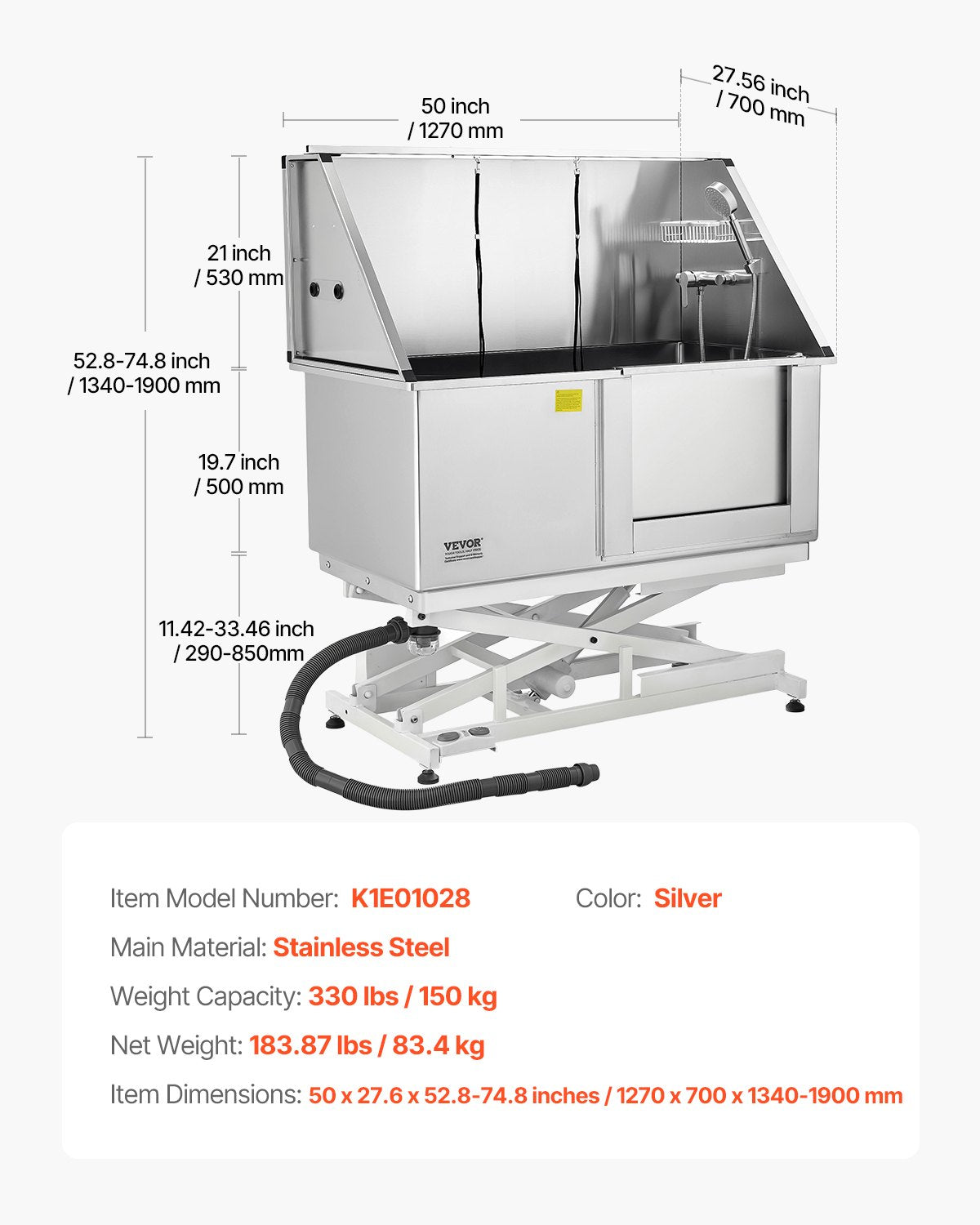 Electric Lift Dog Washing Station, 50Inch Professional Stainless Steel Pet Grooming Tub w/ Non-Slip Drain Board,Faucet & Showerhead for Home & Grooming Shop,Fits Medium & Large Pets (Right Door)