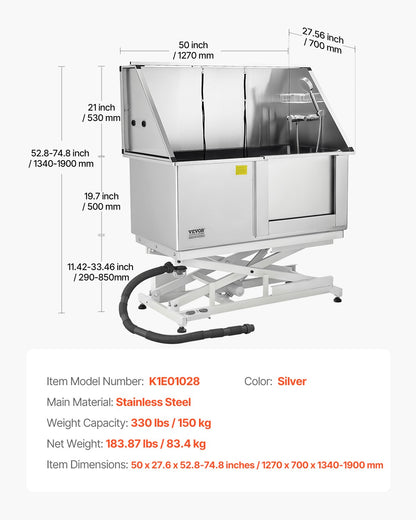 Electric Lift Dog Washing Station, 50Inch Professional Stainless Steel Pet Grooming Tub w/ Non-Slip Drain Board,Faucet & Showerhead for Home & Grooming Shop,Fits Medium & Large Pets (Right Door)