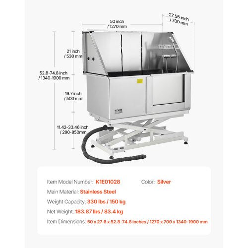 127 cm elektriskt hundtrimbadkar i rostfritt stål med vattenfilter |  EU