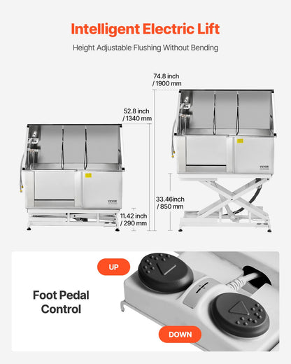 Electric Lift Dog Washing Station, 50 inch Professional Stainless Steel Pet Grooming Tub w/ PE Water Filter Board, Faucet & Showerhead Dog Bathtub Washing Sink for Multiple Pets (Left Door)